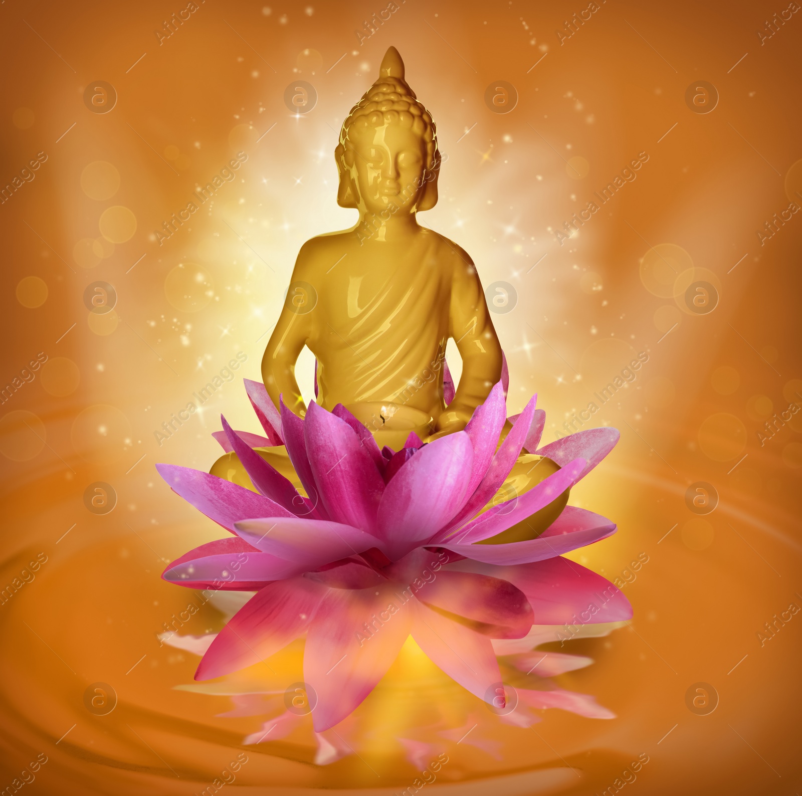 Image of Beautiful composition with Buddha sculpture and lotus flower on water surface
