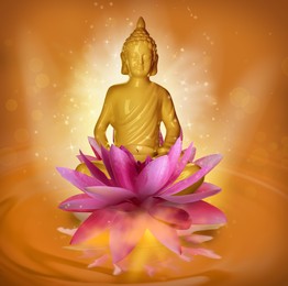 Image of Beautiful composition with Buddha sculpture and lotus flower on water surface