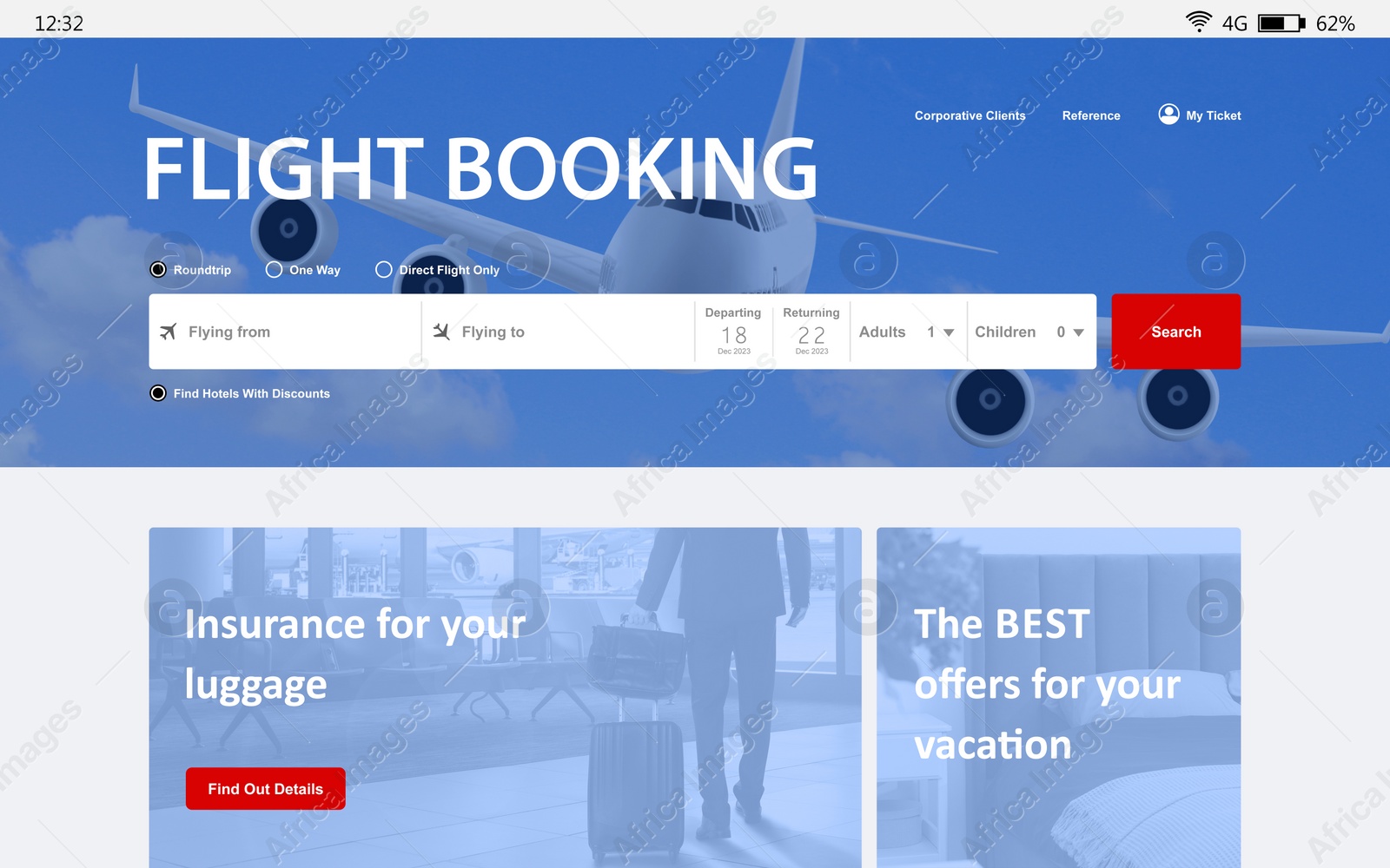 Image of Online flight booking website interface with information