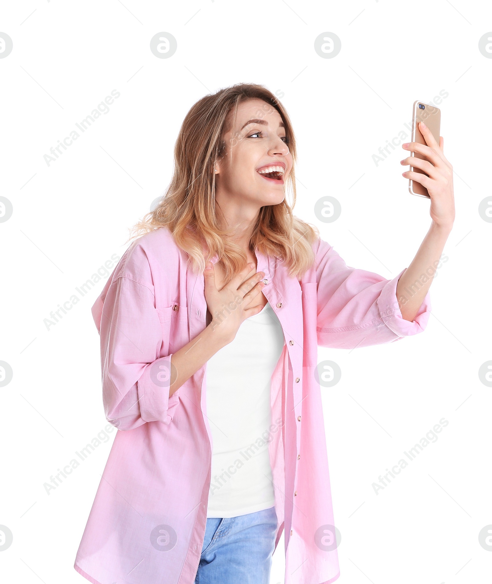 Photo of Woman using mobile phone for video chat isolated on white