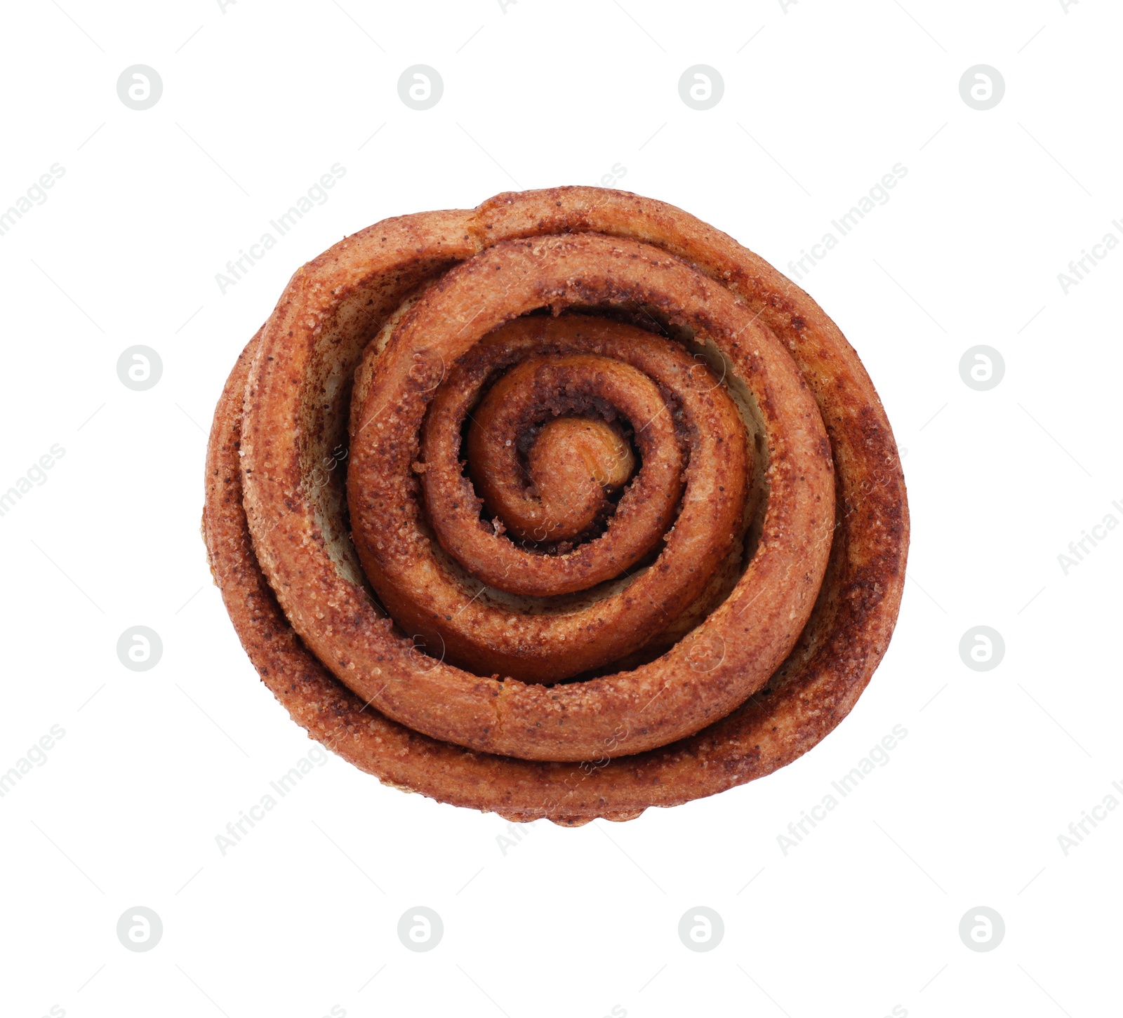 Photo of One tasty cinnamon roll isolated on white, top view