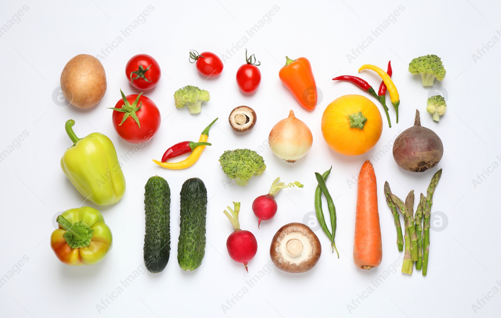 Photo of Flat lay composition with fresh vegetables on white background