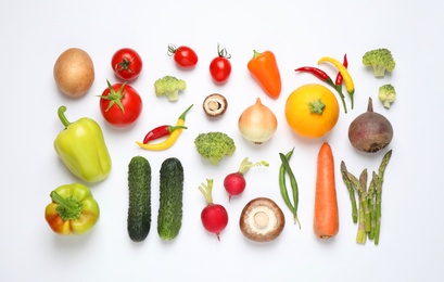 Photo of Flat lay composition with fresh vegetables on white background