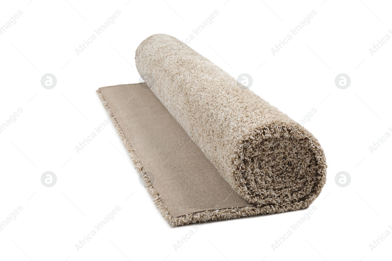 Photo of Rolled fuzzy carpet on white background. Interior element