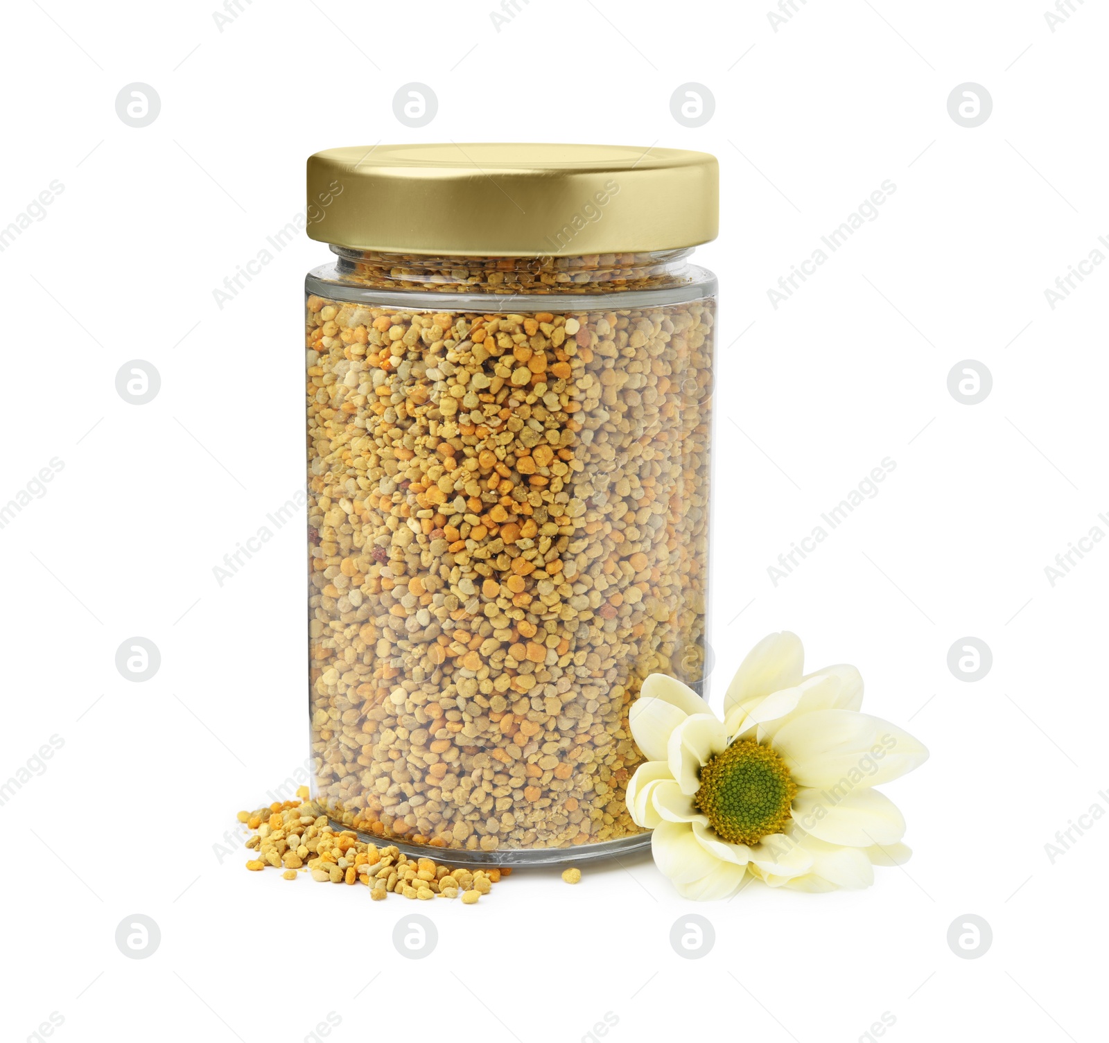 Photo of Fresh bee pollen granules in jar and flower isolated on white