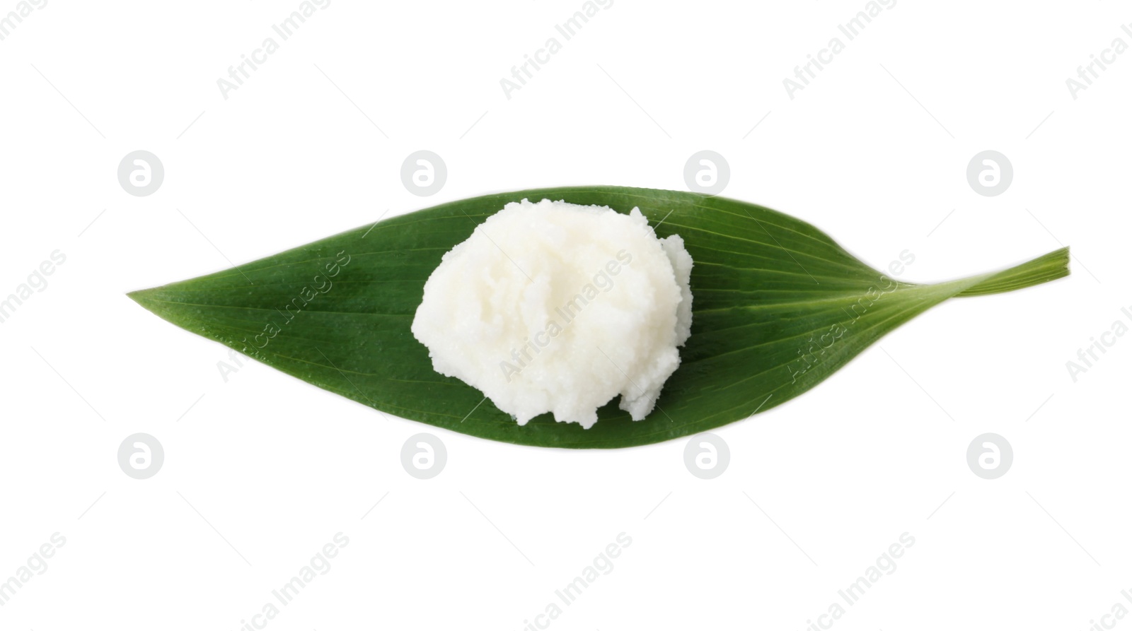 Photo of Leaf with shea butter isolated on white, top view