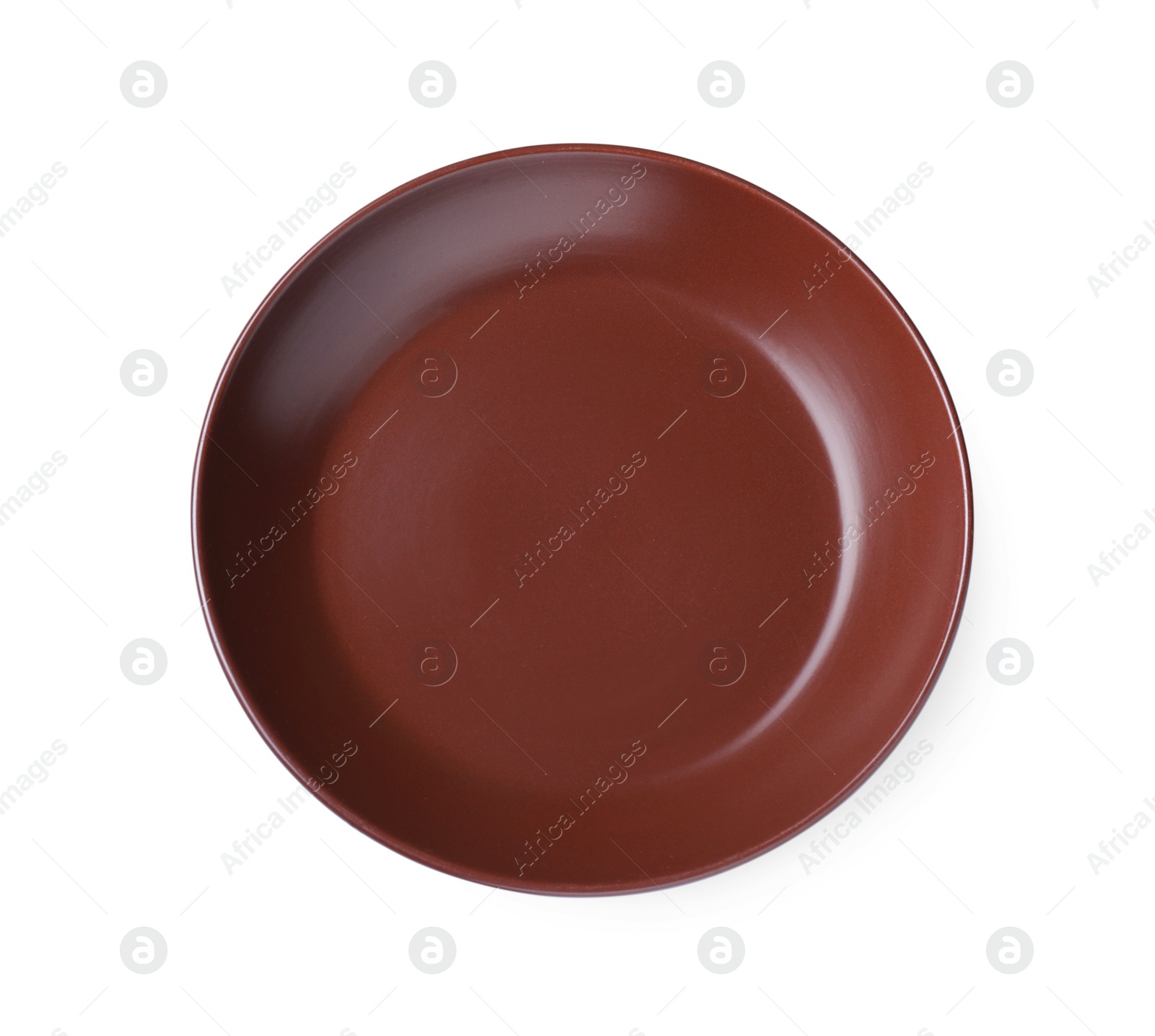 Photo of Empty brown ceramic plate isolated on white, top view