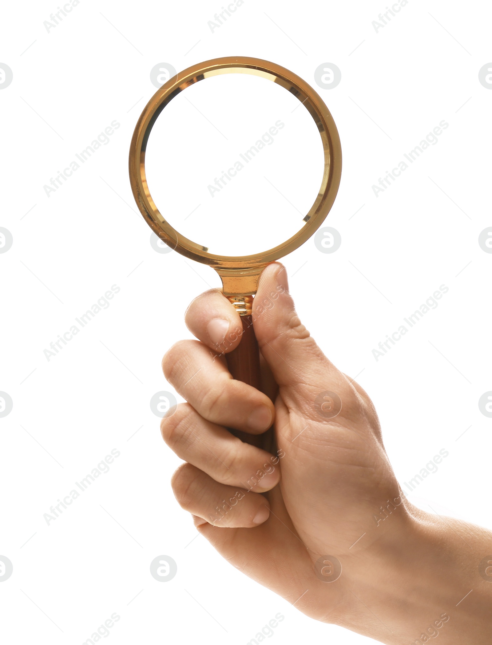 Photo of Woman holding magnifying glass on white background, closeup