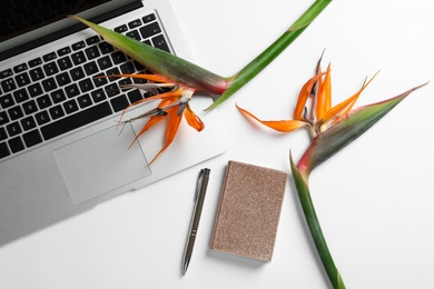 Photo of Creative flat lay composition with tropical flowers, notebook and laptop on white background