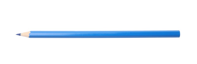 Photo of Blue wooden pencil isolated on white, top view