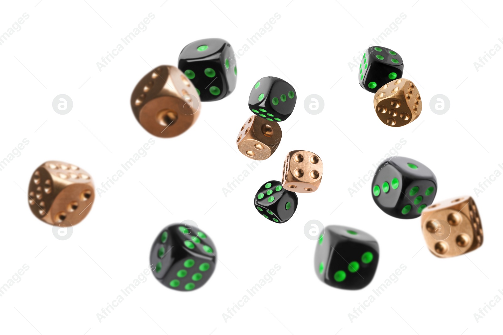 Image of Many different dice in air on white background