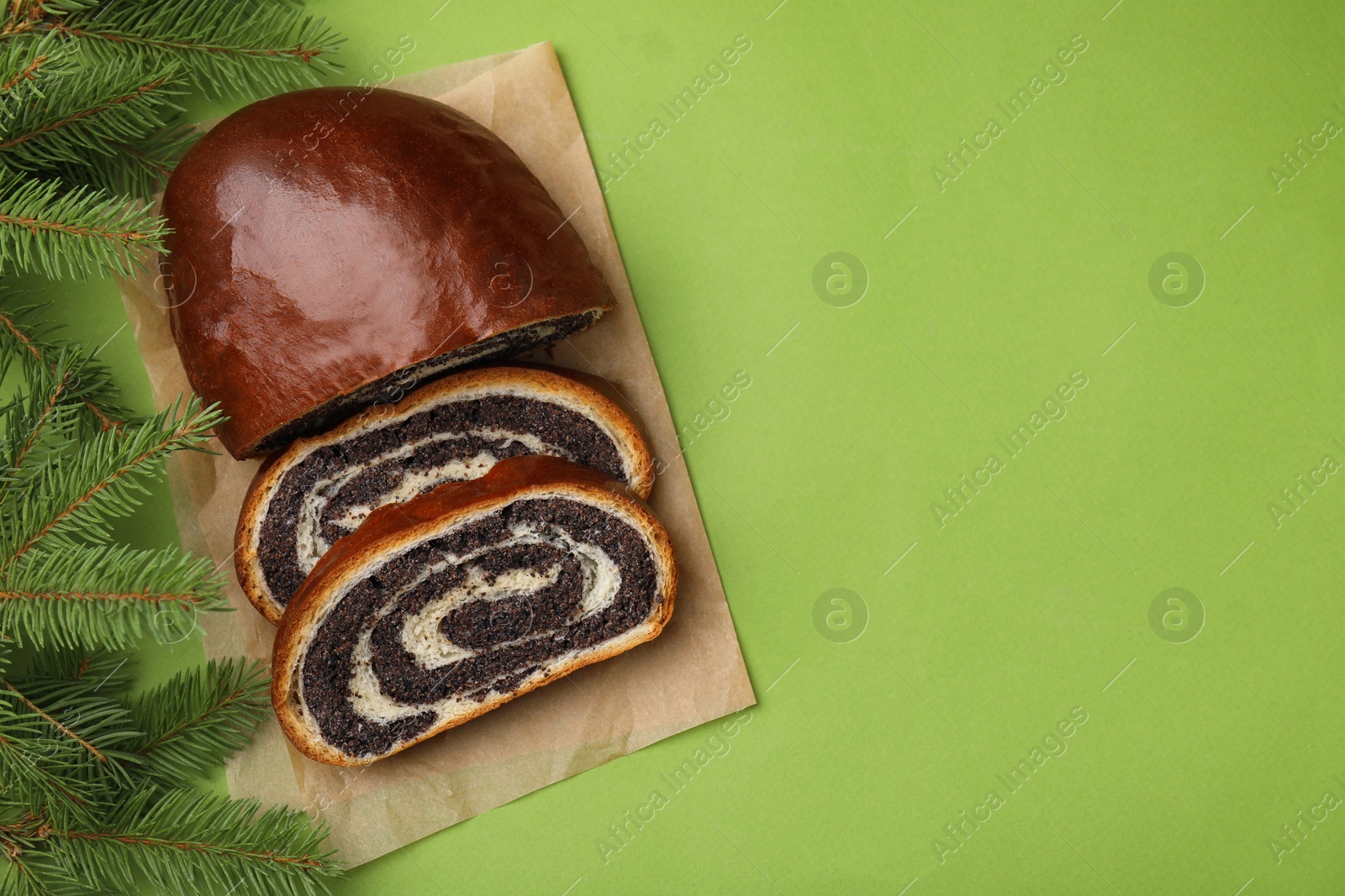 Photo of Cut poppy seed roll and fir branches on light green background, flat lay with space for text. Tasty cake