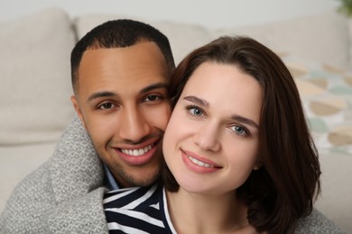 Dating agency. Portrait of happy couple at home, closeup