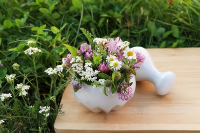 Photo of Ceramic mortar with pestle, different wildflowers and herbs on green grass outdoors