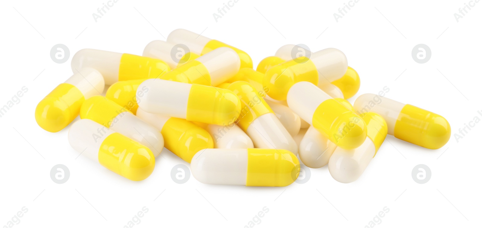 Photo of Many antibiotic pills isolated on white. Medicinal treatment