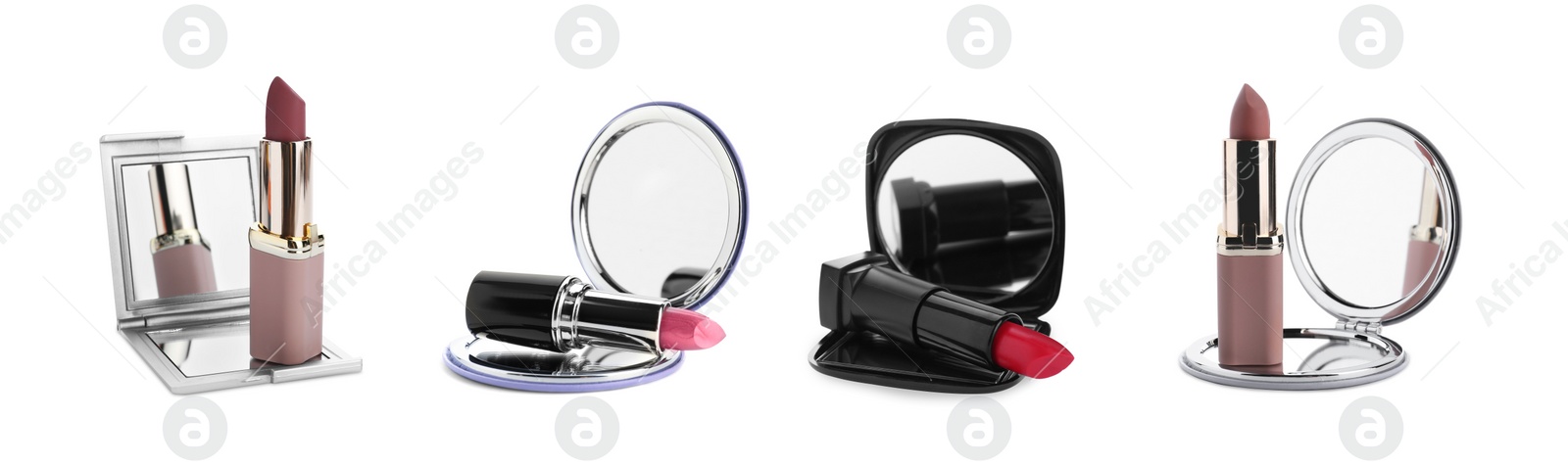 Image of Set with stylish cosmetic pocket mirrors and lipsticks on white background. Banner design