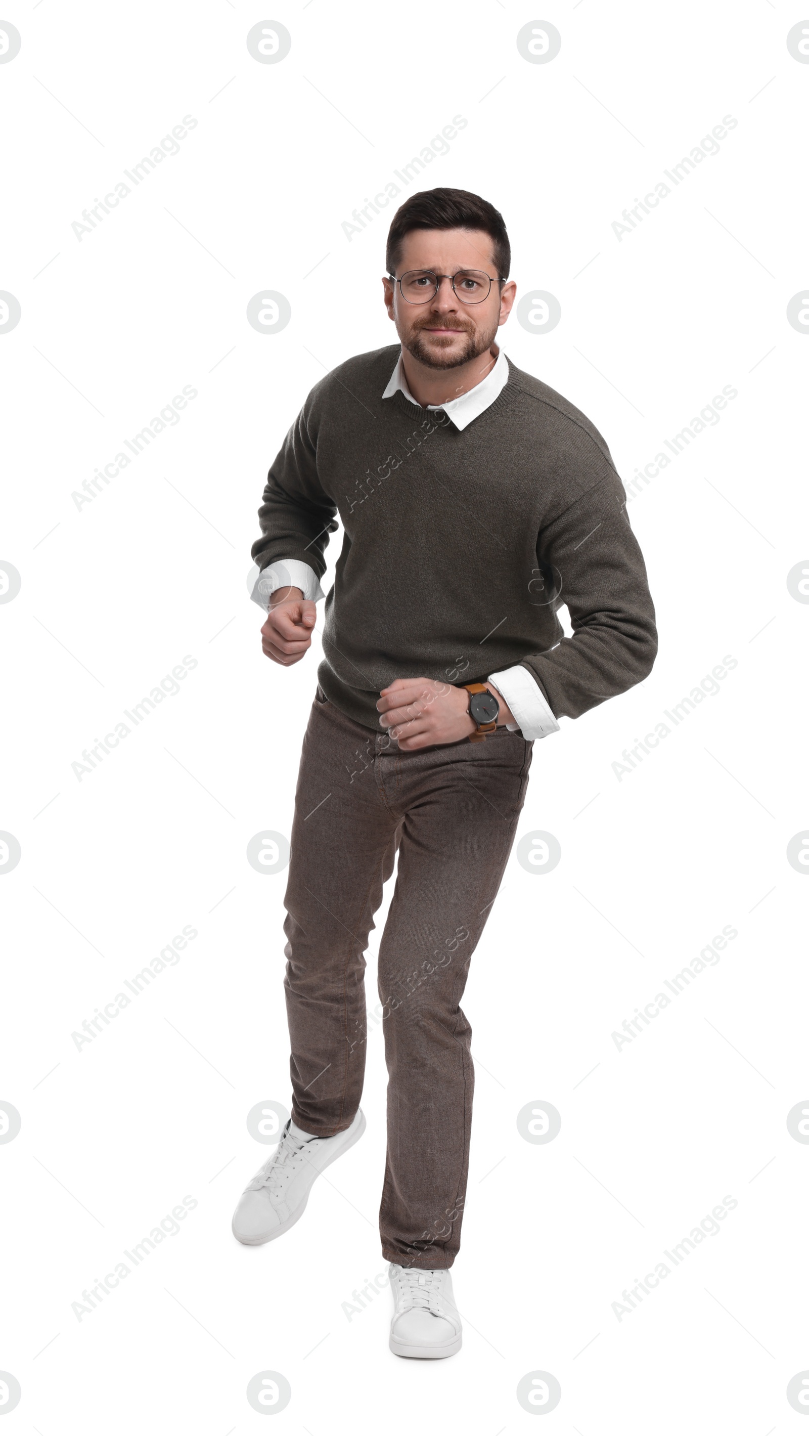 Photo of Handsome bearded businessman in eyeglasses on white background