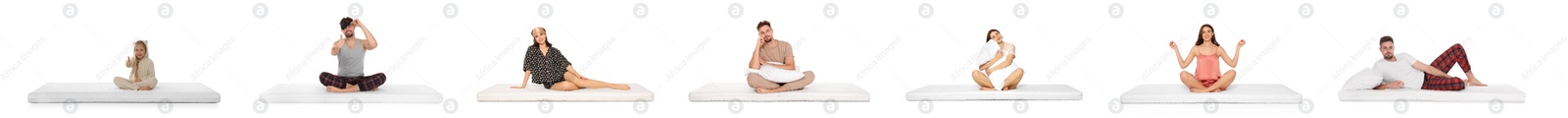 Image of Collage with photos of people on soft comfortable mattresses on white background. Banner design