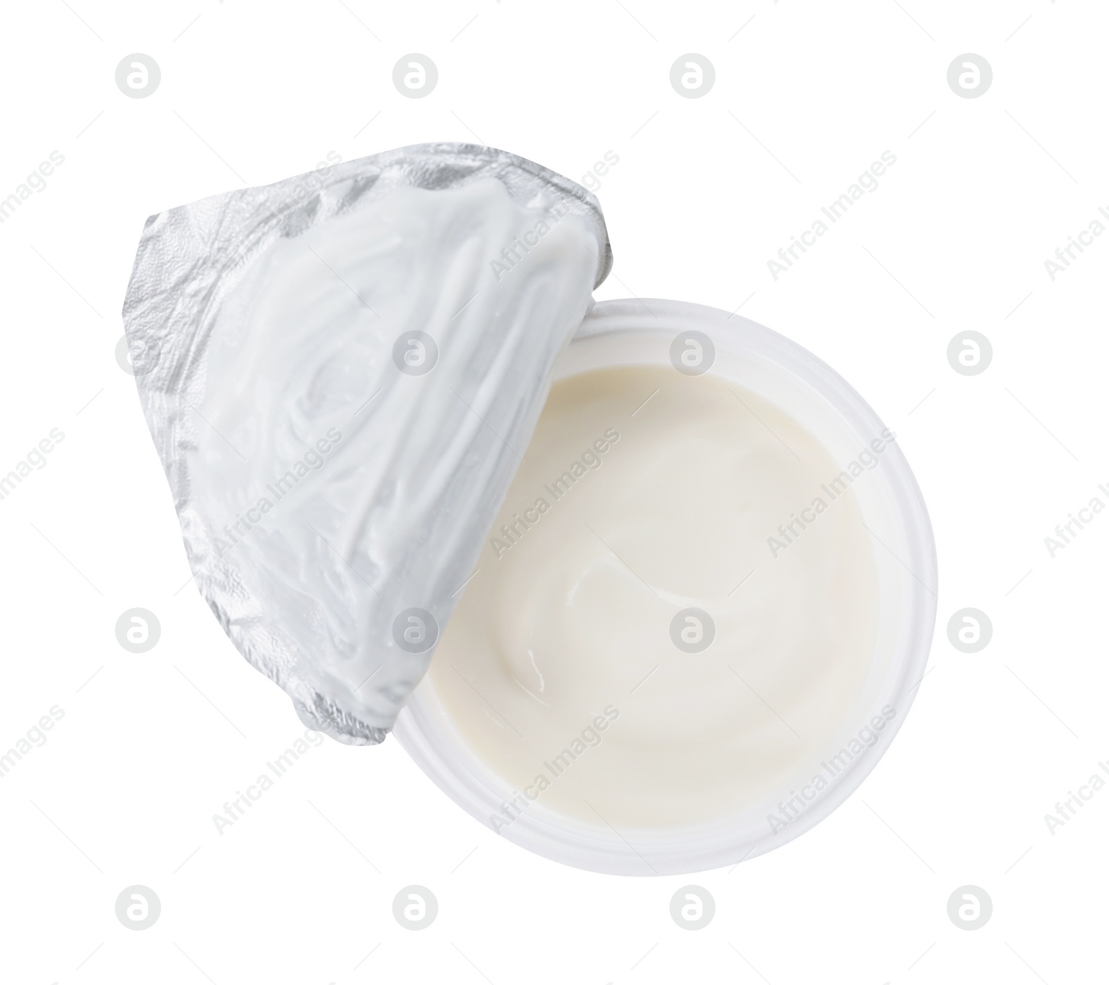 Photo of Plastic cup with delicious organic yogurt isolated on white, top view