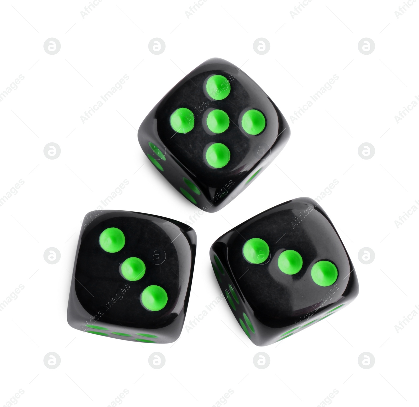 Photo of Three black game dices isolated on white, top view