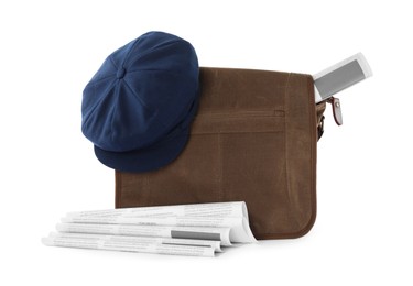 Photo of Brown postman's bag, hat and newspapers on white background