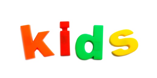 Photo of Word KIDS of magnetic letters on white background, top view