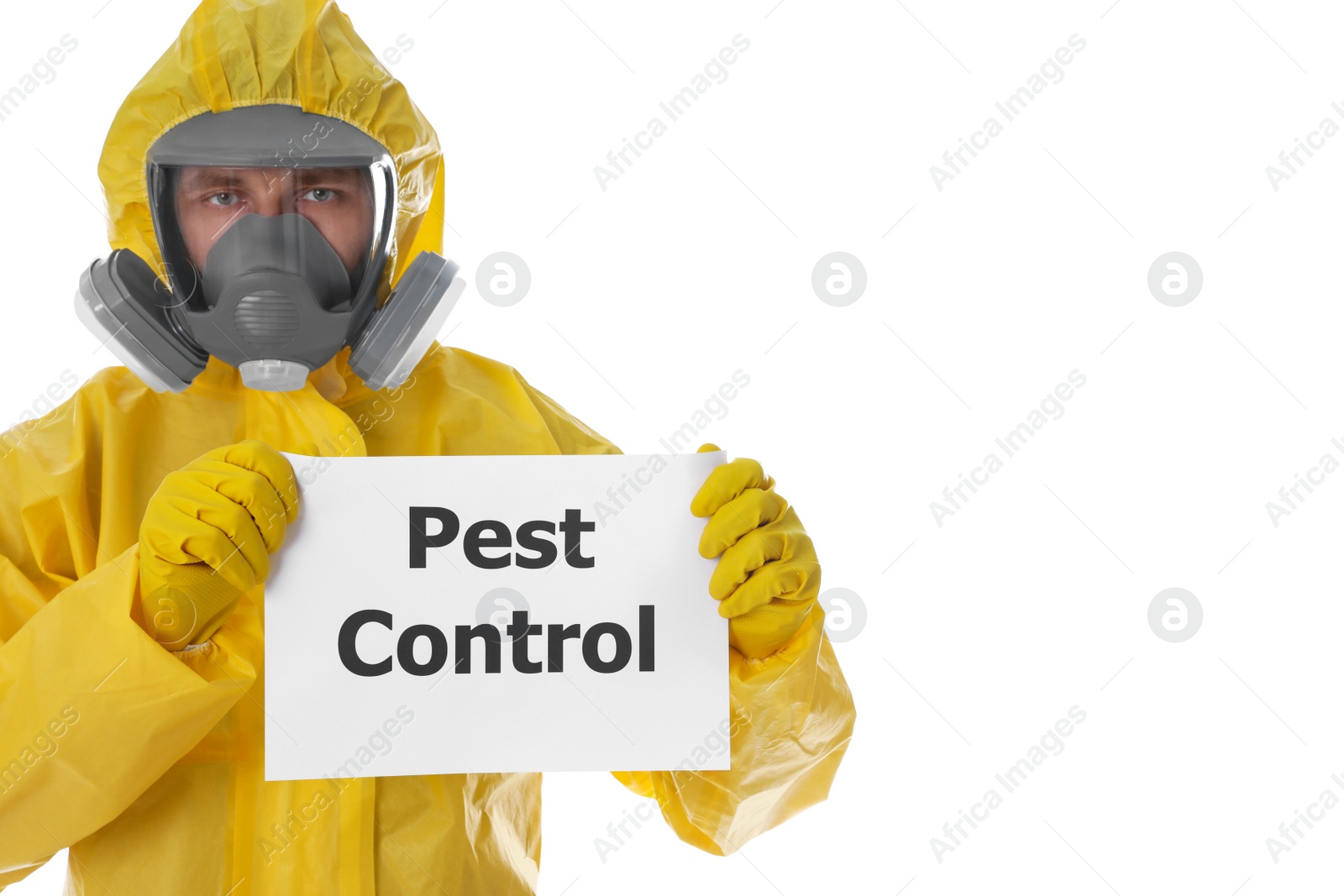 Photo of Man wearing protective suit holding sign PEST CONTROL on white background