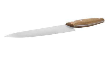 Photo of Modern chief's knife with wooden handle isolated on white