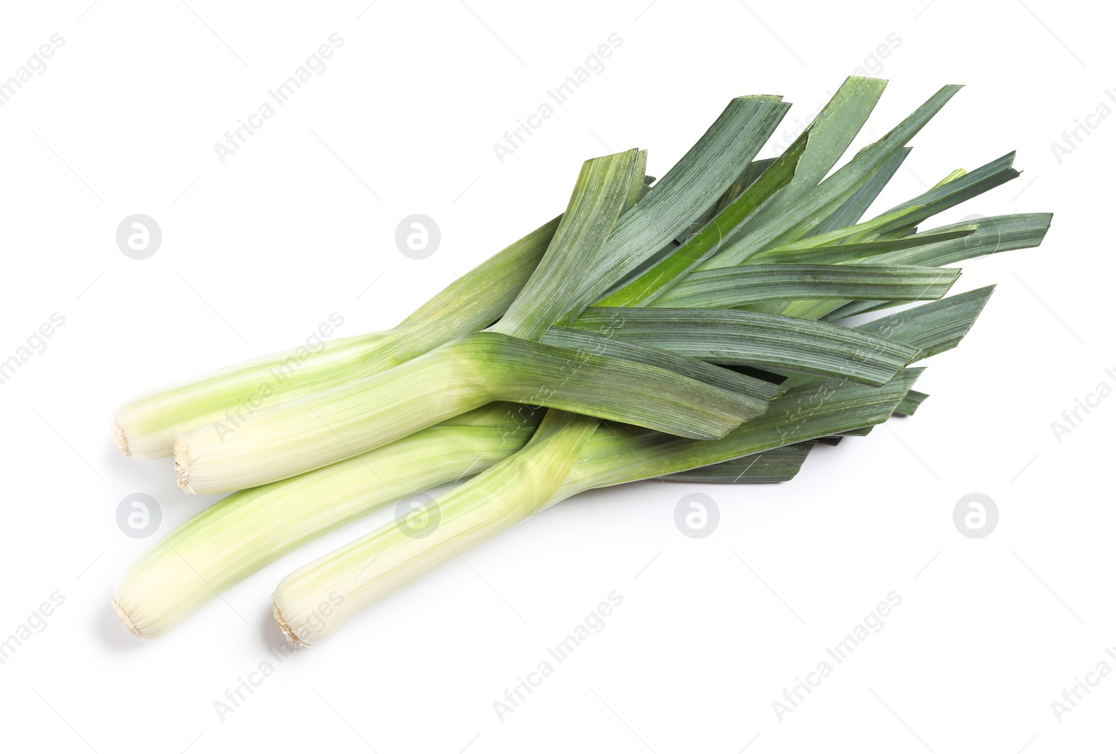 Photo of Fresh raw leeks on white background. Ripe onion