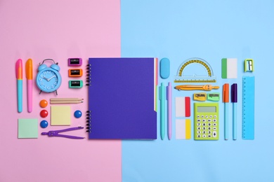 Photo of Different school stationery on color background, flat lay