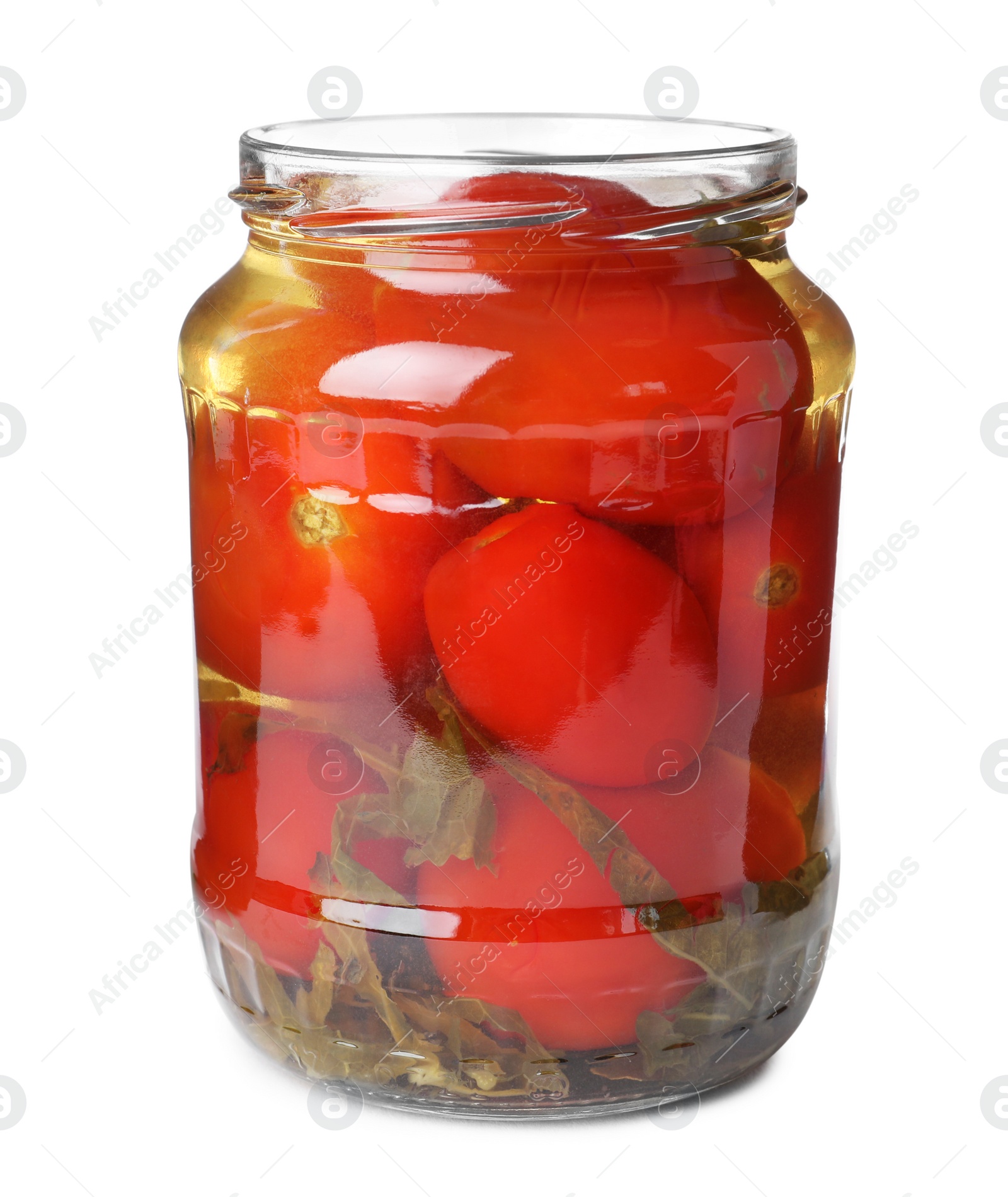 Photo of Glass jar with pickled tomatoes isolated on white