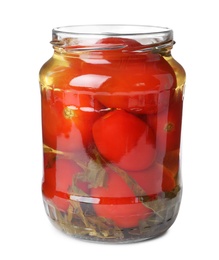 Photo of Glass jar with pickled tomatoes isolated on white