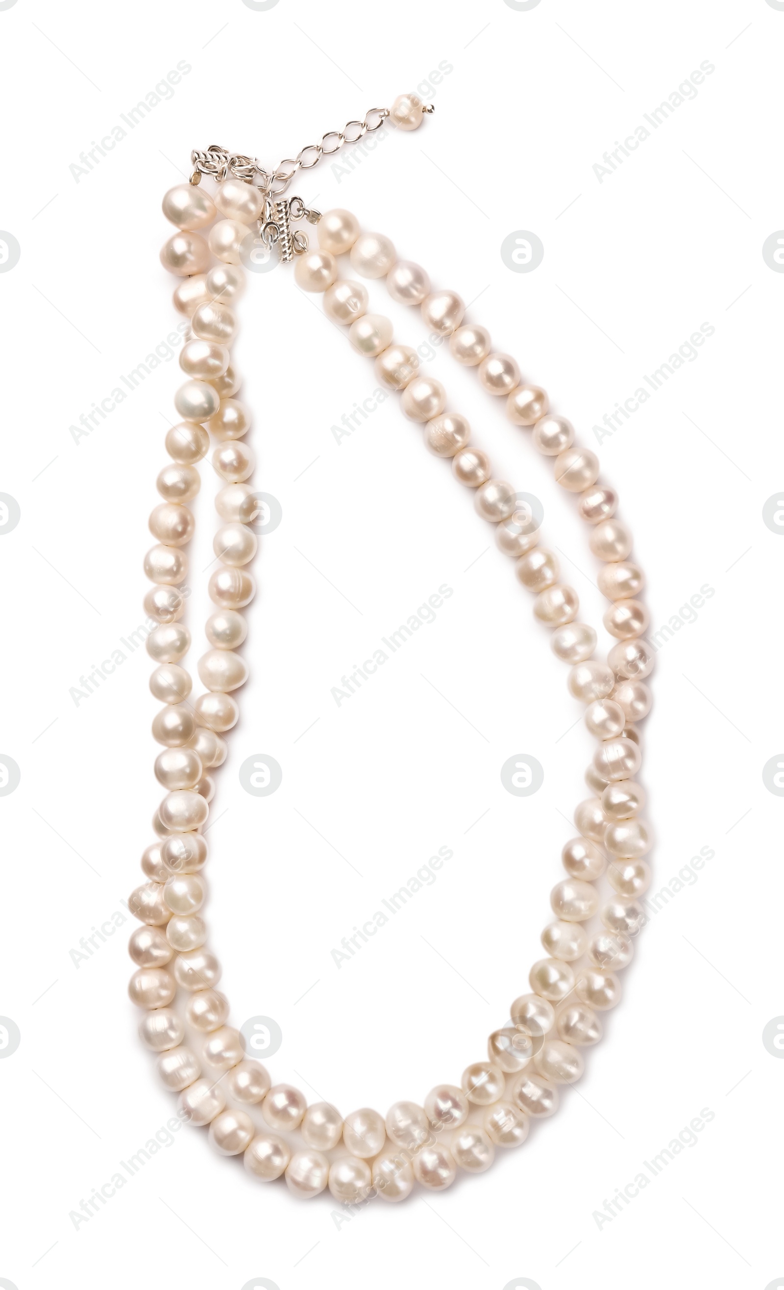 Photo of Elegant pearl necklace isolated on white, top view