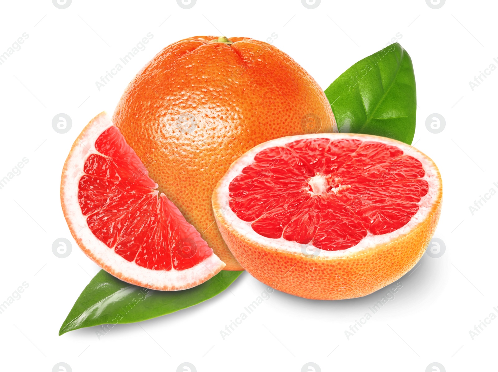 Image of Whole and cut grapefruits on white background