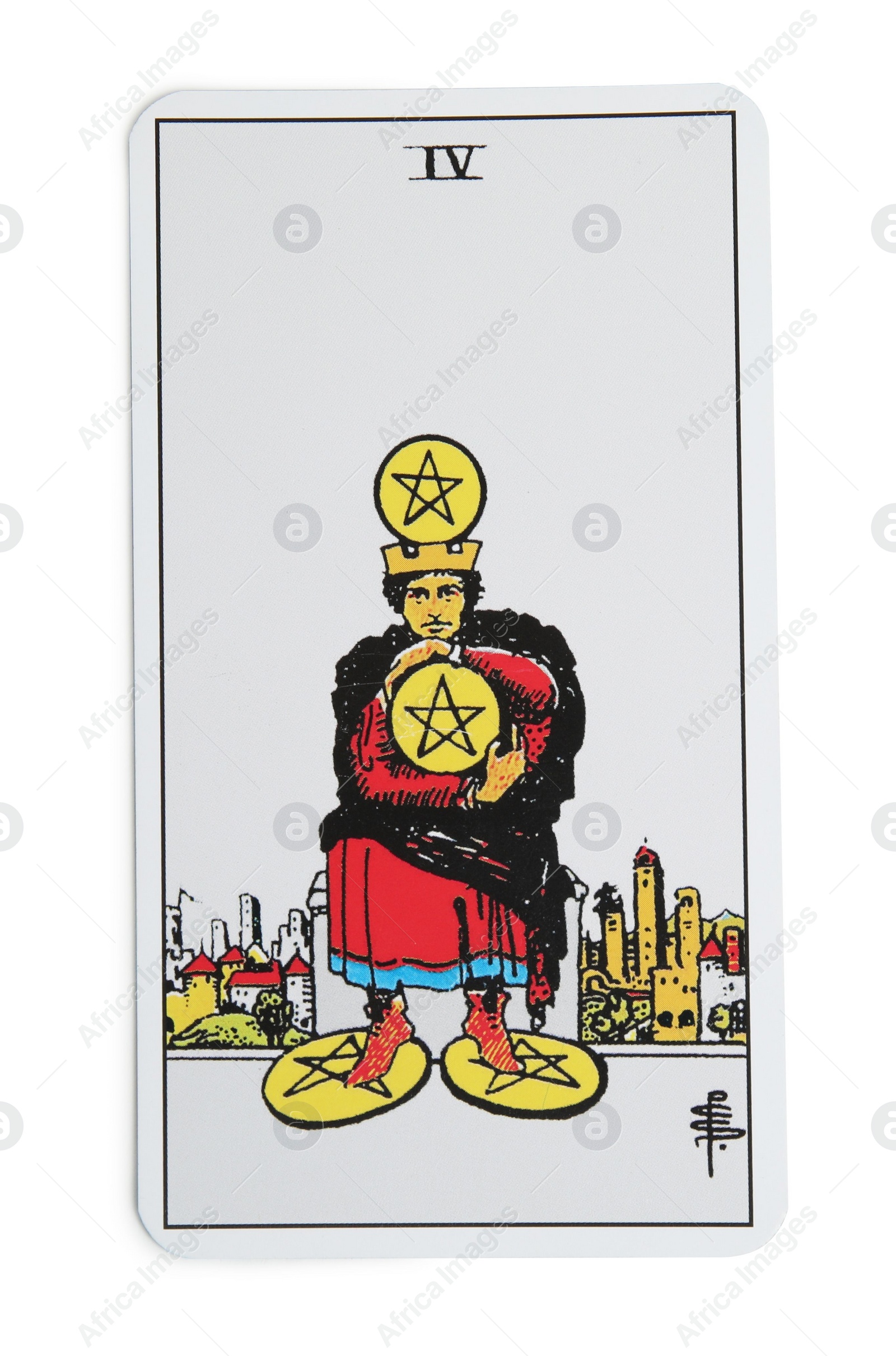 Photo of Four of Pentacles isolated on white. Tarot card