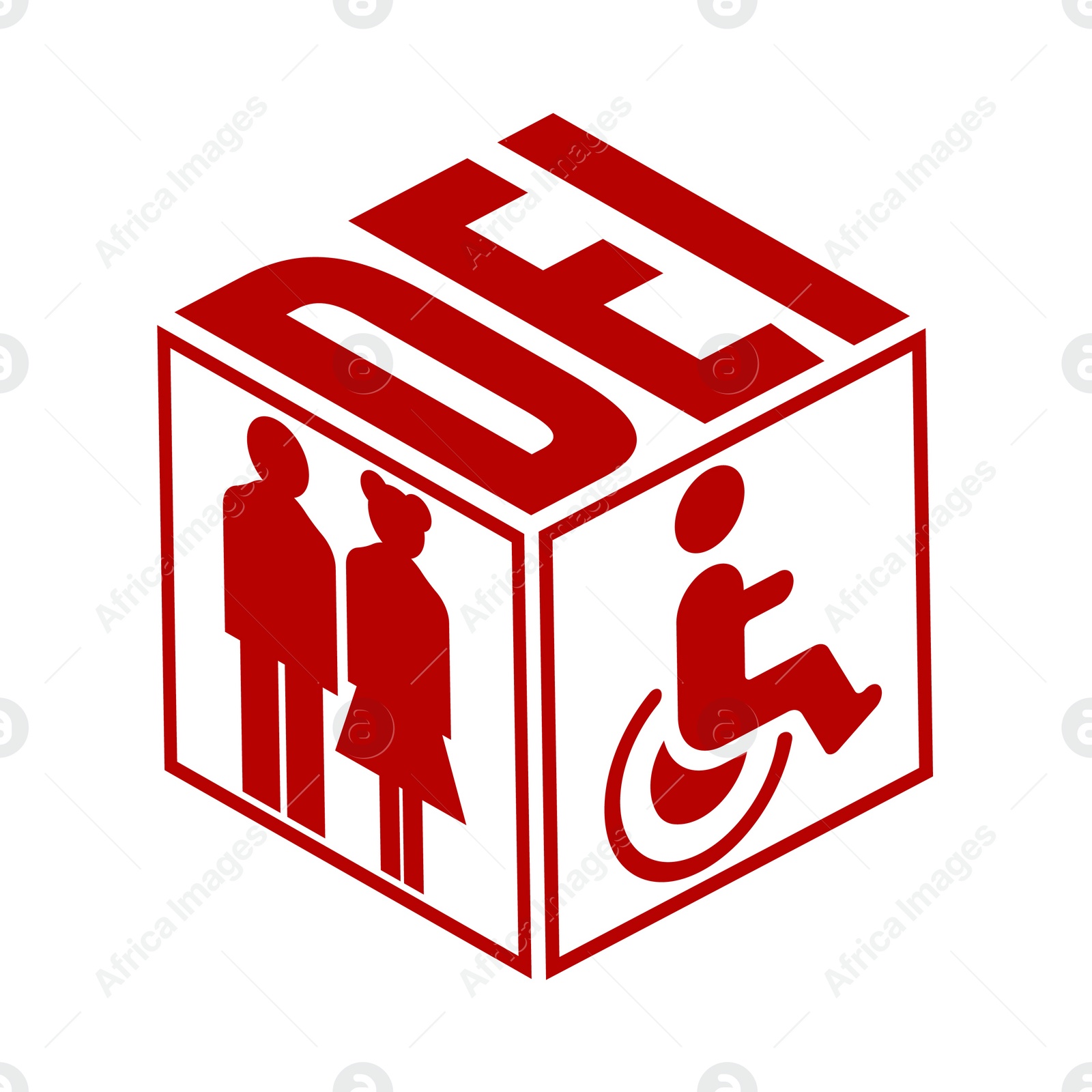 Illustration of Concept of DEI - Diversity, Equality, Inclusion.  people, person with disability and abbreviation in cube on white background