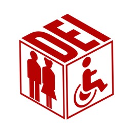 Concept of DEI - Diversity, Equality, Inclusion. Illustration of people, person with disability and abbreviation in cube on white background