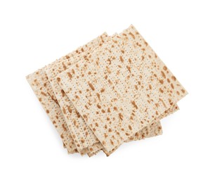 Passover matzos isolated on white, top view. Pesach celebration