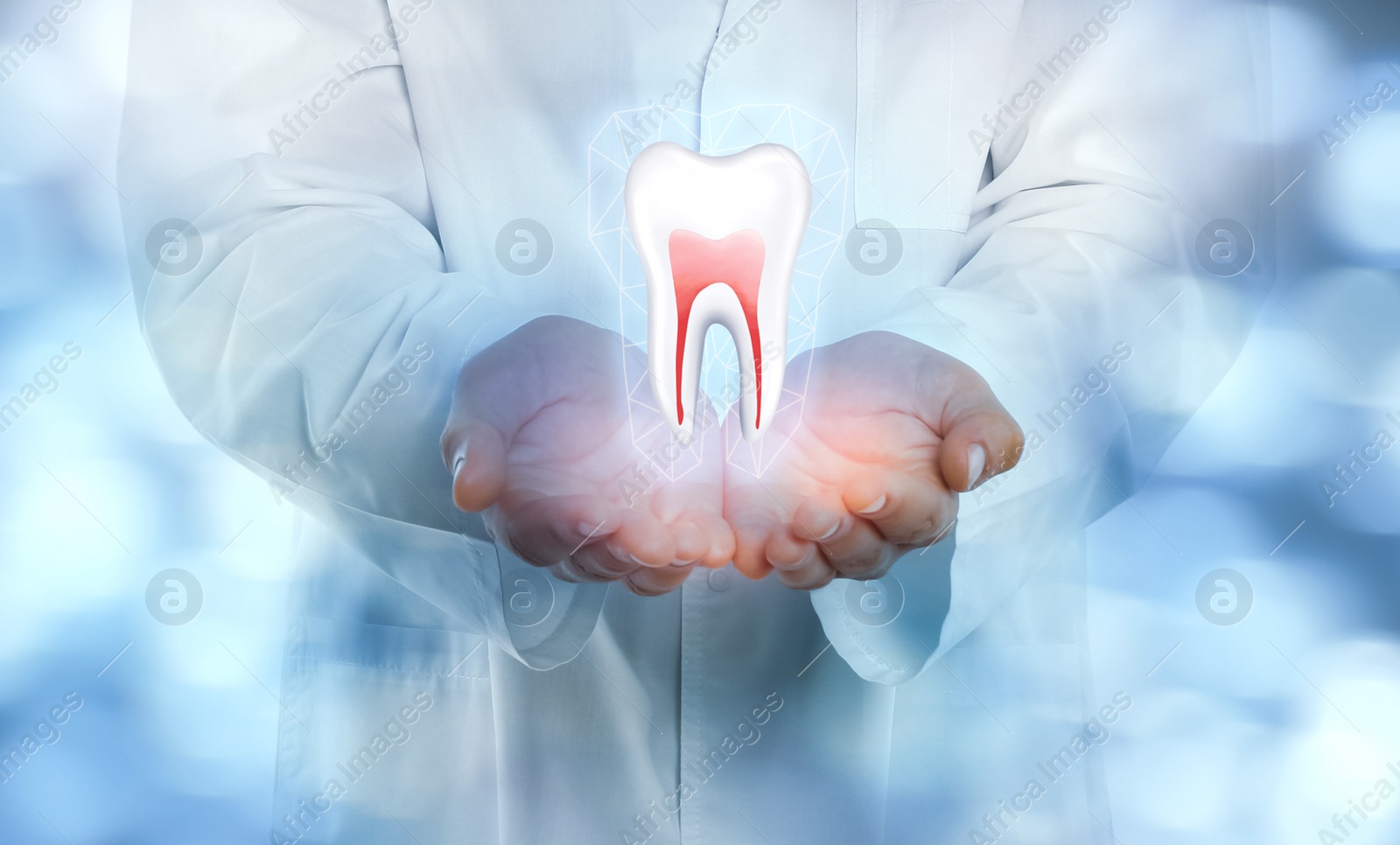 Image of Dentist showing virtual model of tooth on blurred background, closeup