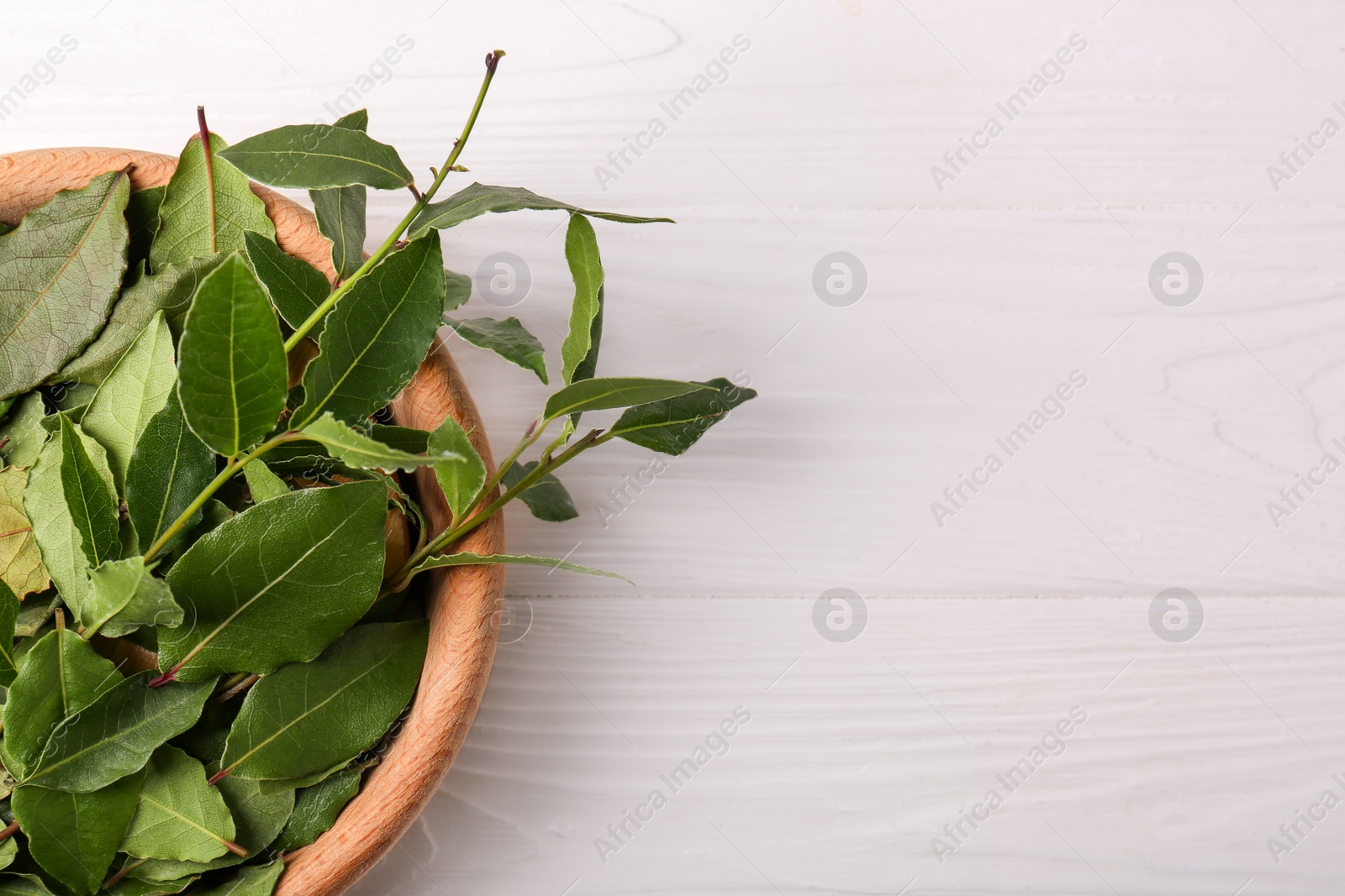 Photo of Fresh green bay leaves in bowl on white wooden table, top view. Space for text