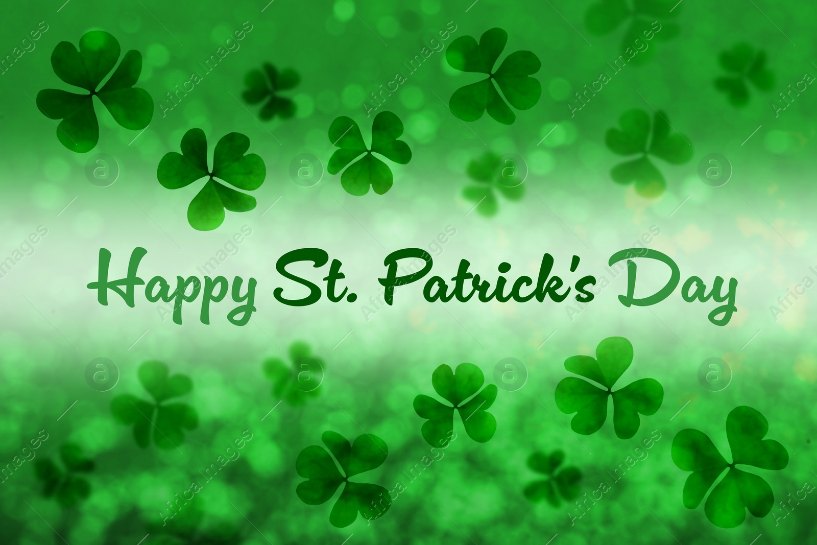 Image of Happy St. Patrick's day card. Text and clover leaf illustrations on green background with bokeh effect