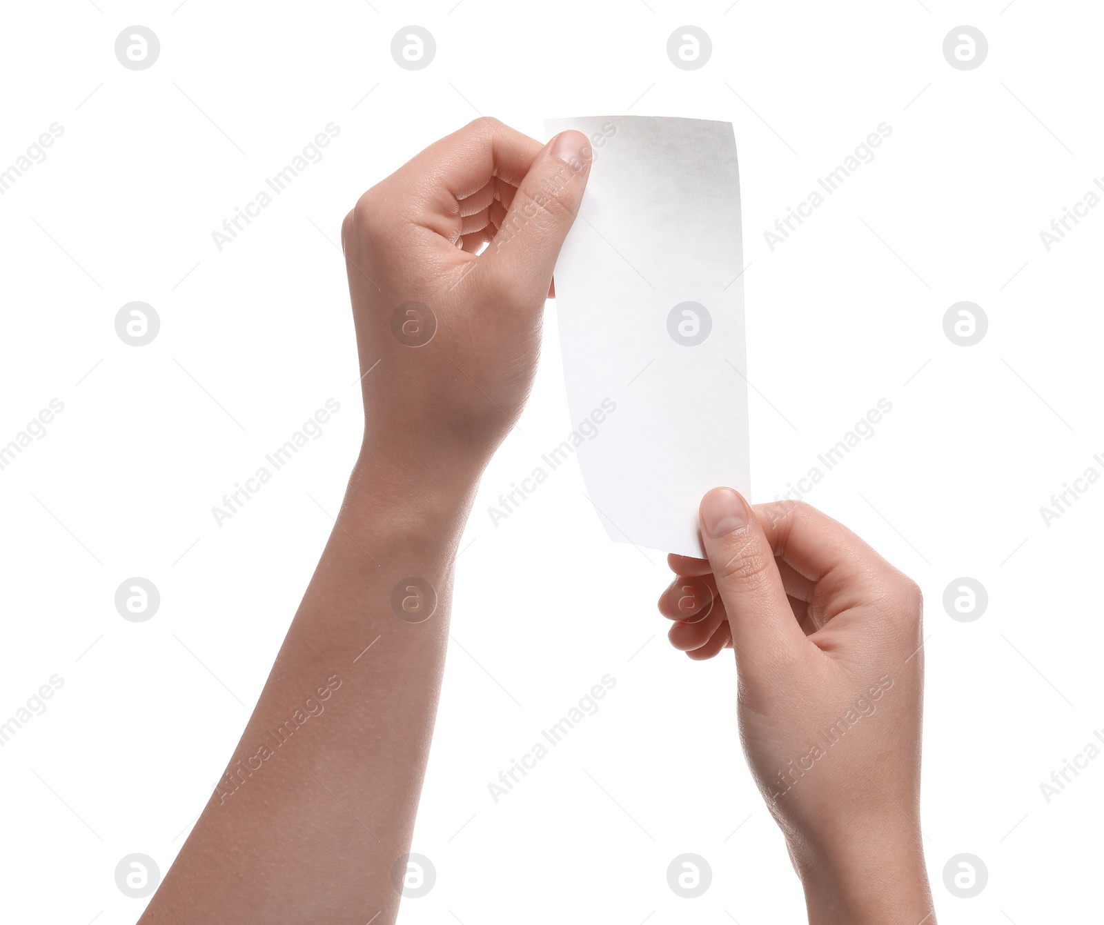 Photo of Woman holding piece of blank thermal paper for receipt on white background, closeup