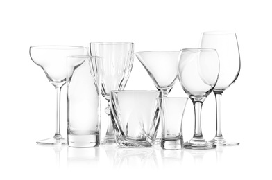 Set of new bar glassware on white background