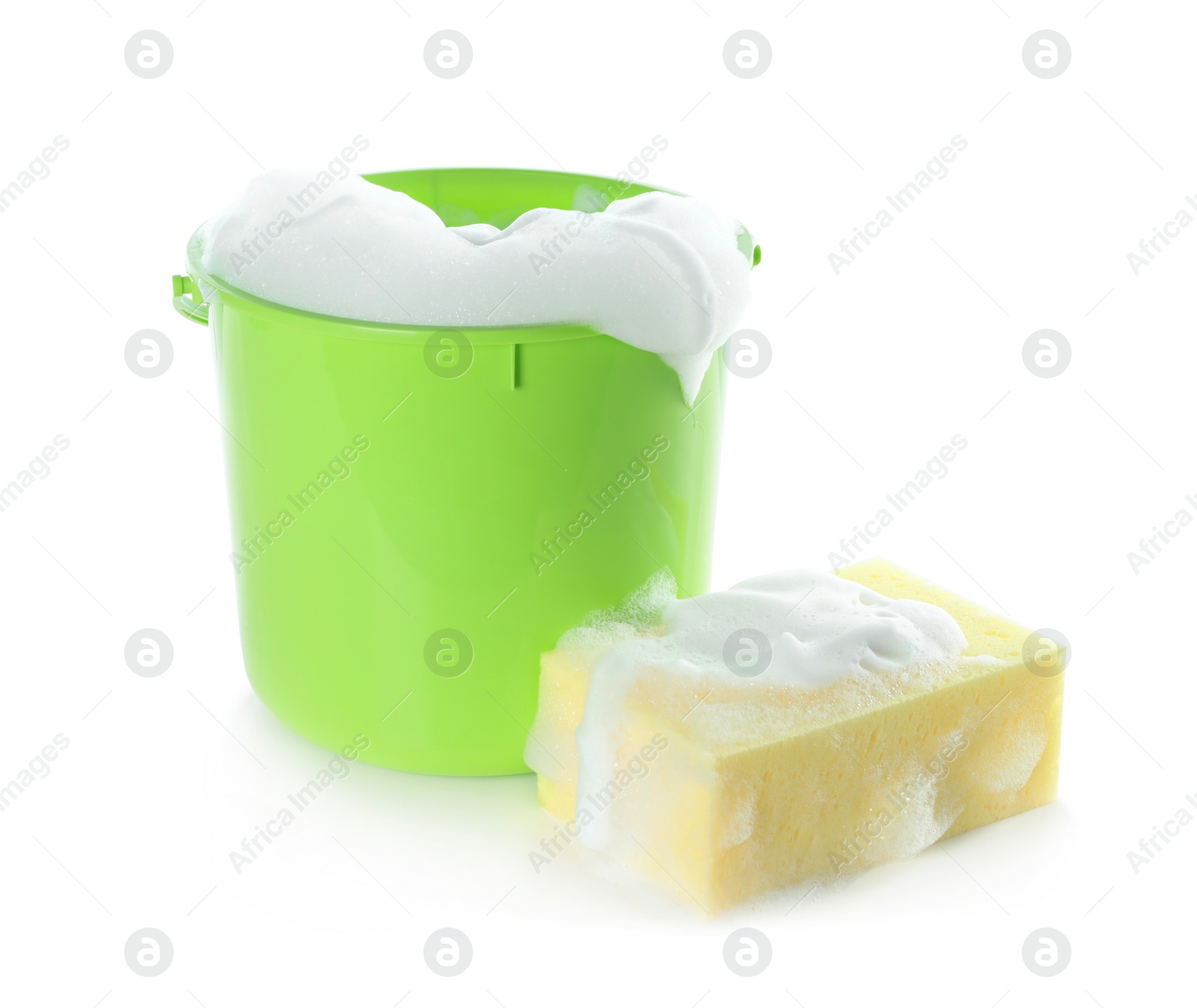 Photo of Plastic bucket with foam and sponge on white background. Cleaning supplies