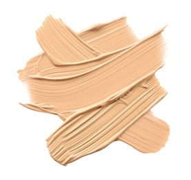 Photo of Samples of liquid skin foundations on white background, top view