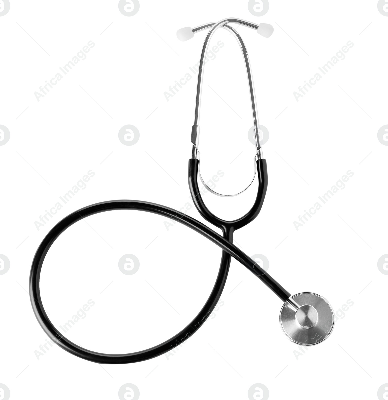 Photo of Stethoscope on white background, top view. Medical device