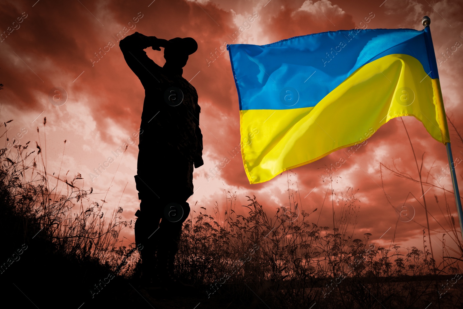 Image of Stop war in Ukraine. Silhouette of soldier saluting to Ukrainian flag outdoors, toned in red