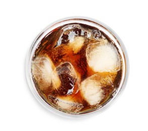 Glass of refreshing soda drink with ice cubes isolated on white, top view