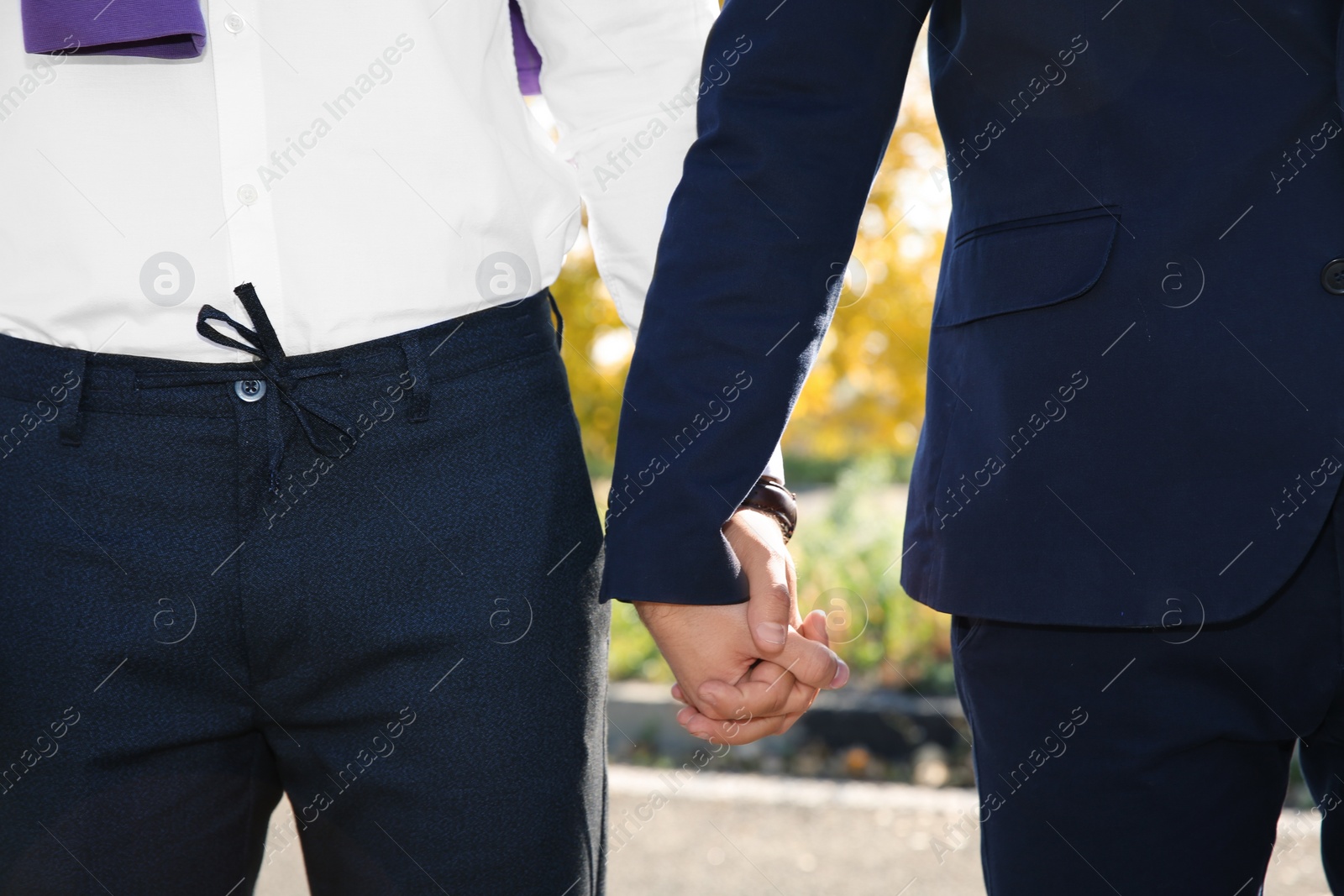 Photo of Gay couple holding hands outdoors, closeup view