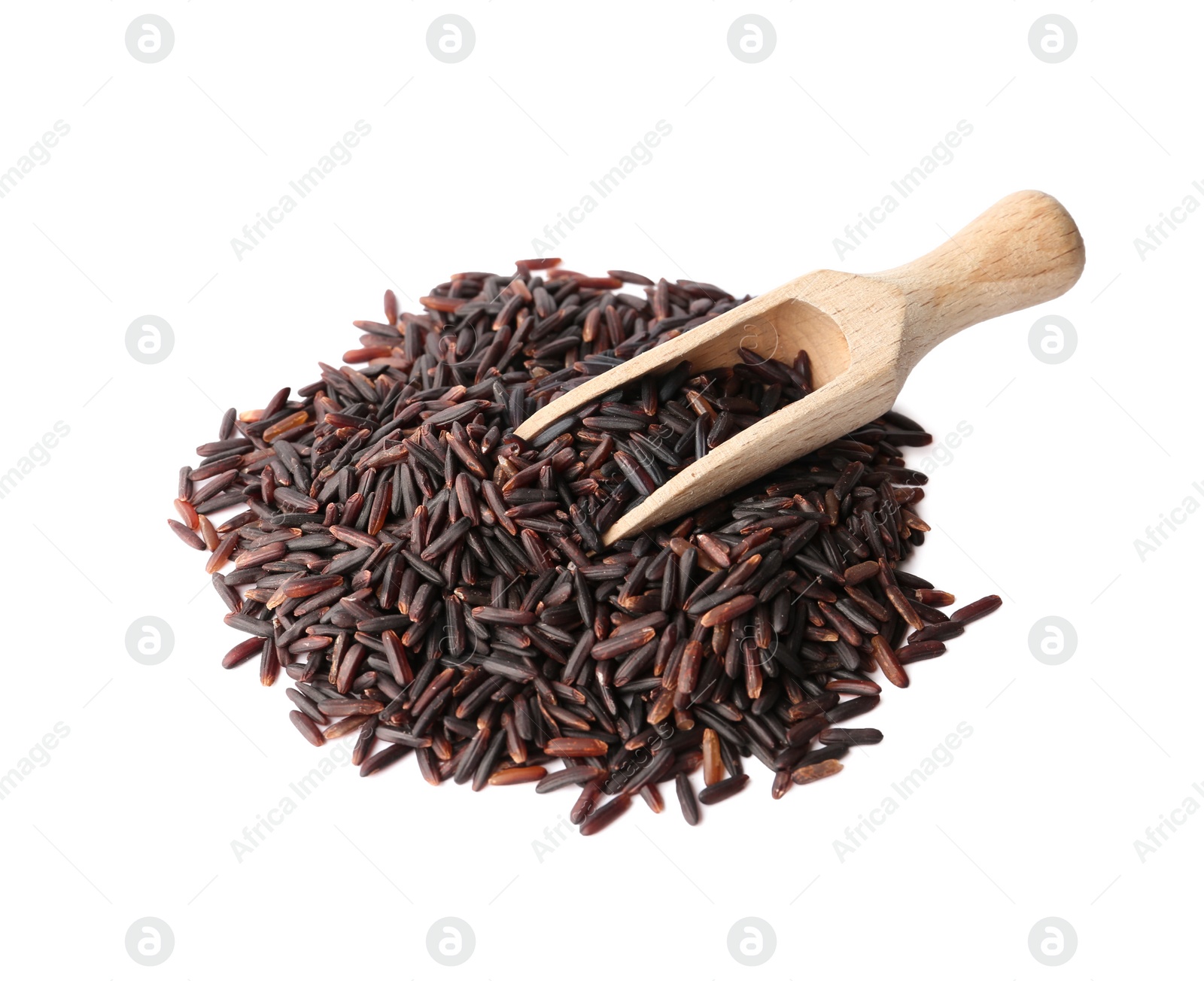 Photo of Scoop and uncooked black rice on white background